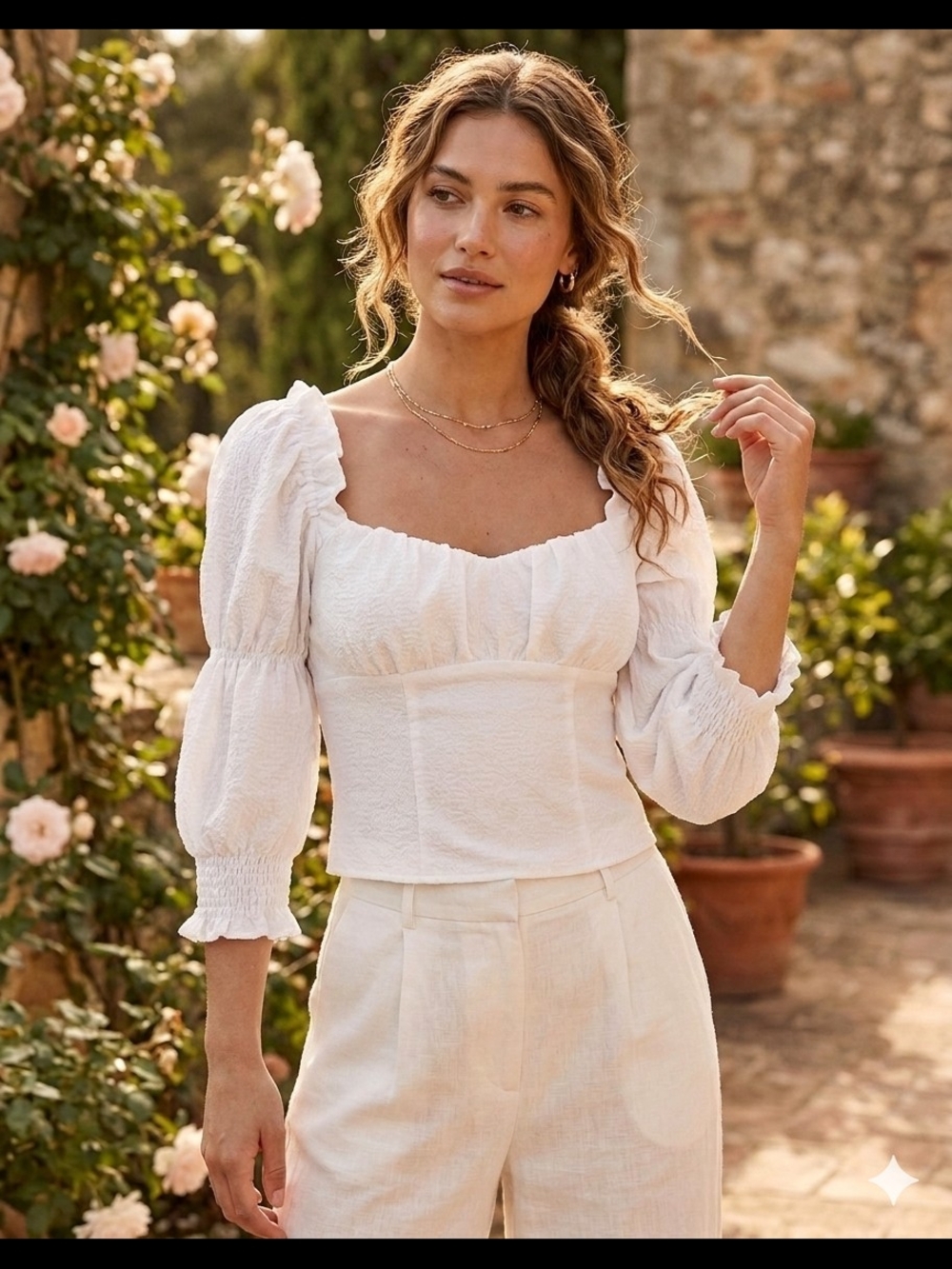 New Astr White Puff-Sleeve Square-Neck Blouse